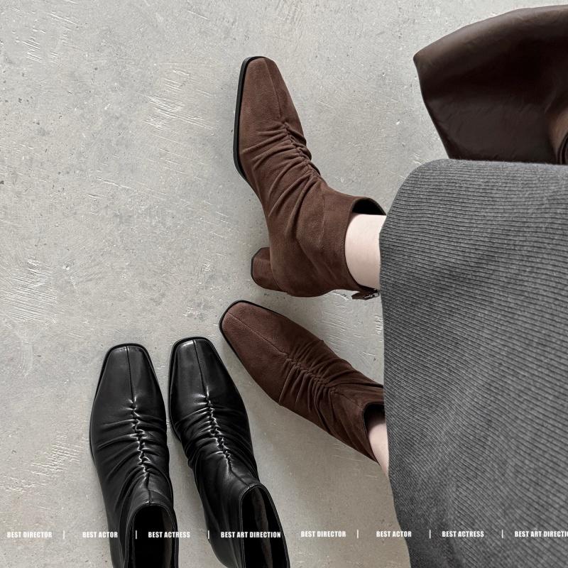 Fashion 2025 Winter Women Shoes Genuine Leather Women Boots Mid-calf Modern Boots Women Solid Med Heel Boots Ladies Shoes Pleated