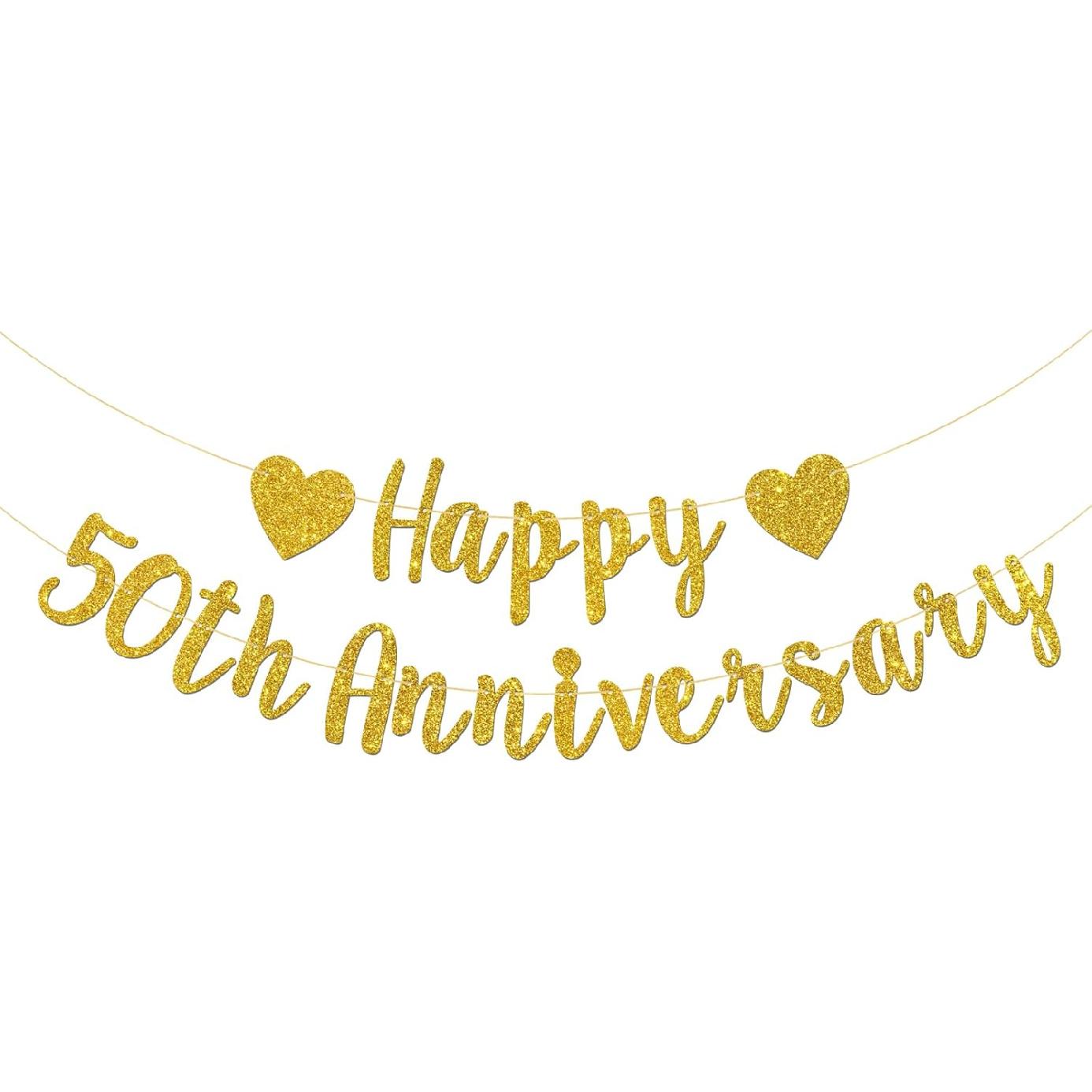 Happy 50th Anniversary Banner, 50th Wedding Anniversary, 50th Birthday, 50 Years Loved Party Decorations (Gold Glitter)