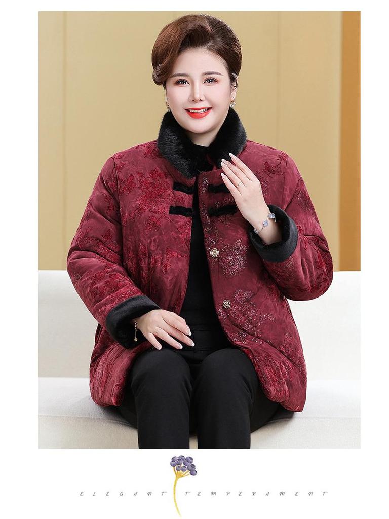 Plus Size Velvet Cotton Jacket for Women - Loose, Padded Winter Outerwear for Middle-Aged & Elderly