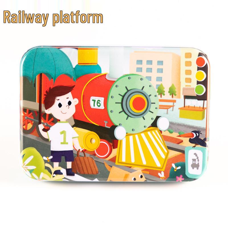 120-teiliges Holz-Cartoon-Puzzle in Blechdose für Kinder von 0-6 Jahren