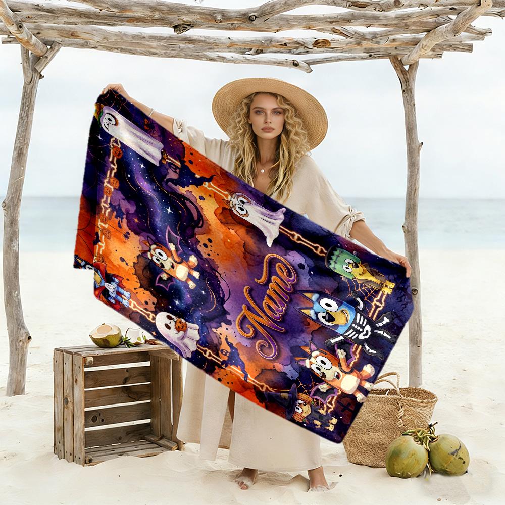 Halloween Bluey Party Personalized Name Beach Towel Quick-Dry Soft Microfiber