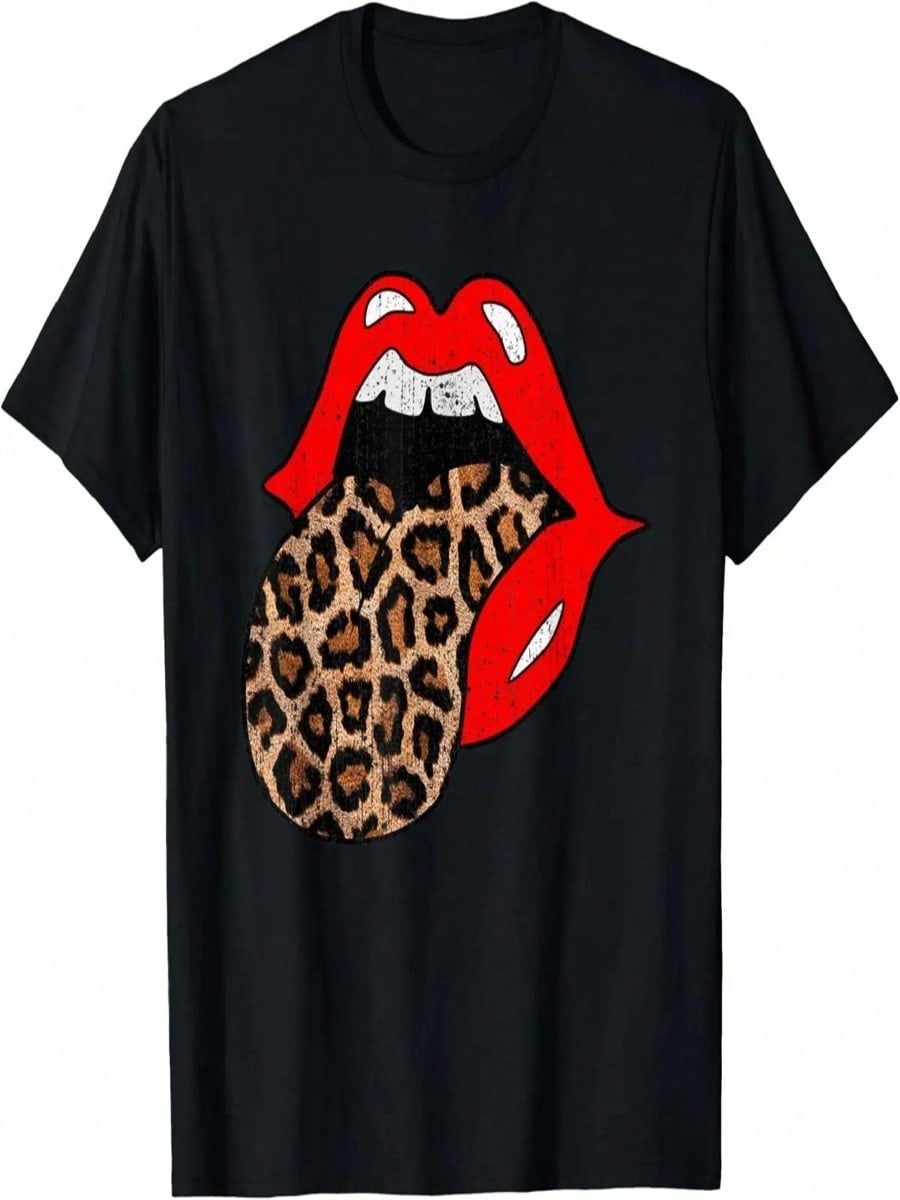 Red Lips Leopard Tongue Shirt Vintage  Animal Print T-Shirt S разноцветный