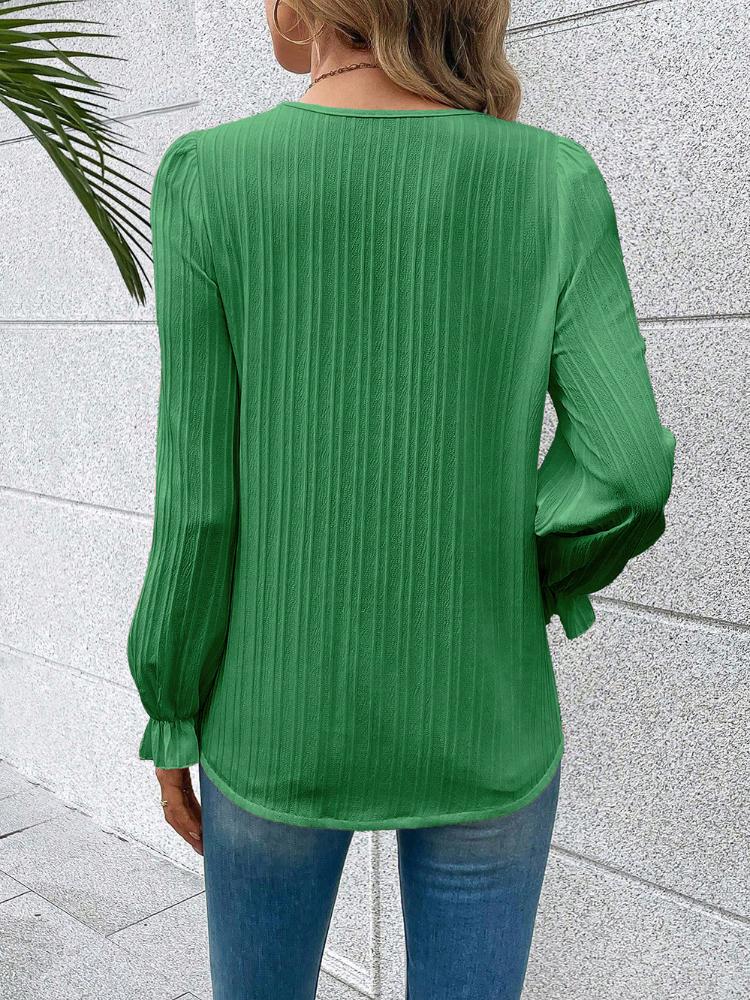 Chunqiu Women's Solid Color Long Sleeved Casual Striped V-neck Lace Top with Patchwork Hollowed Out Women's Shirt
