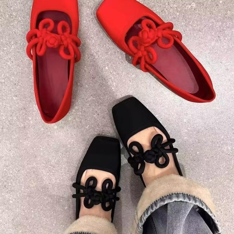 Designer Ethnic Style Women Red Satin Mary Jane Shoes Fashion Shallow Square Toe Shoes Spring Autumn Soft Sole Ballet Shoes