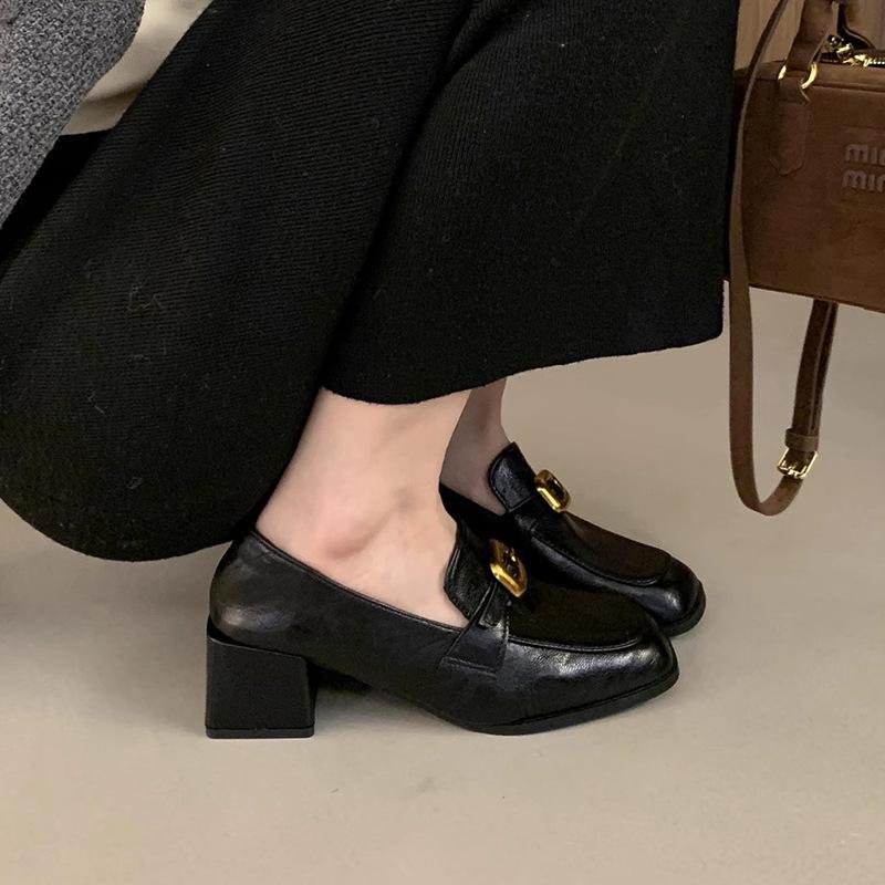 Mocasini pentru femei cu toc gros, pantofi unici de primăvară și toamnă, pantofi cu toc înalt, pantofi leneși cu un singur pedale, pantofi britanici cu toc mediu Mary Jane, pantofi mici din piele