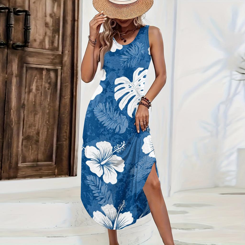 Women Sleeveless Maxi Dress Casual Loose Fit Summer Hawaiian Print Long Dress Side Slit Beachwear Sundress