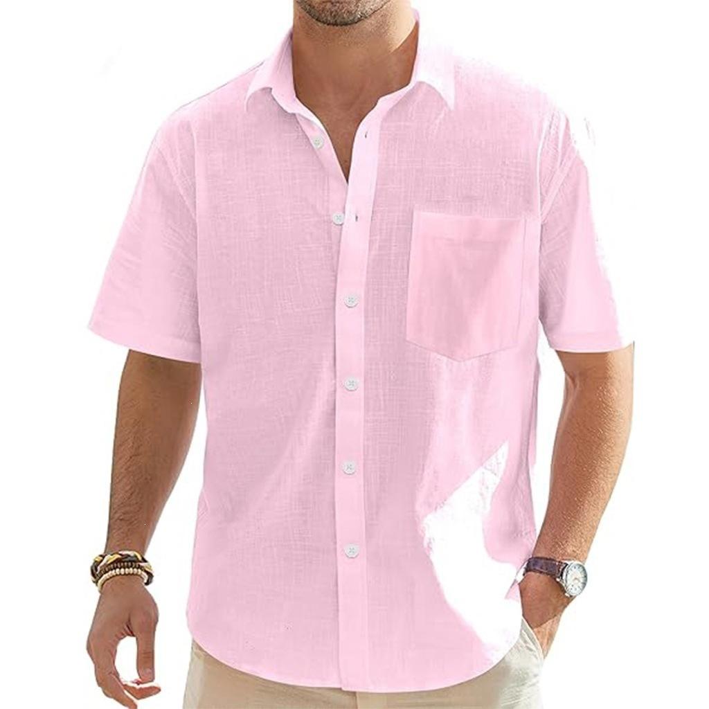 Men Simple Solid Color Lapel Short Sleeve Casual Shirt With Pocket