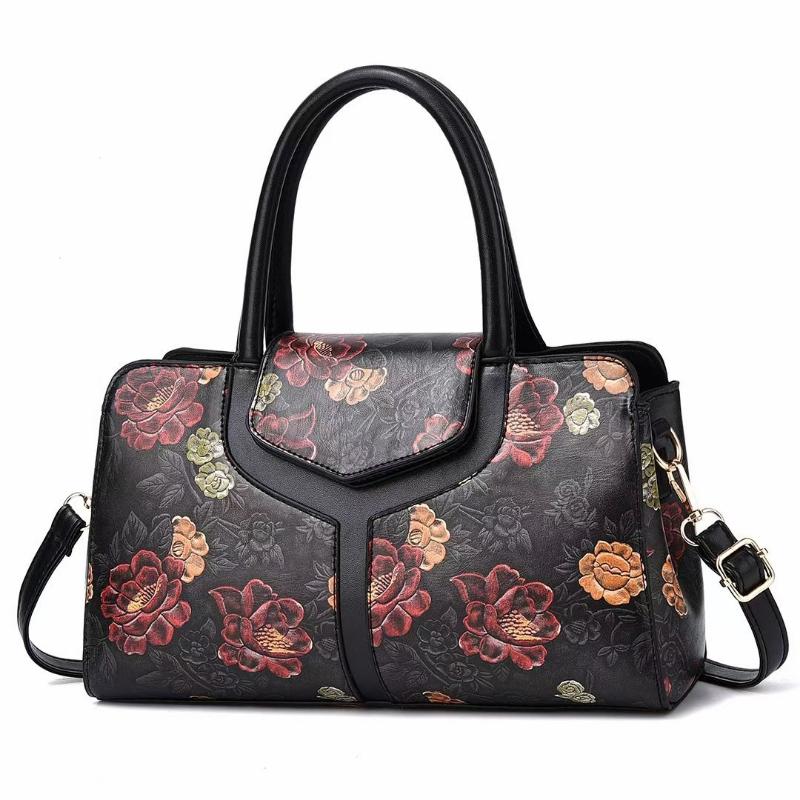Shoulder Tote Bag for Women Retro Flower Pattern Satchel PU Crossbody Handbag