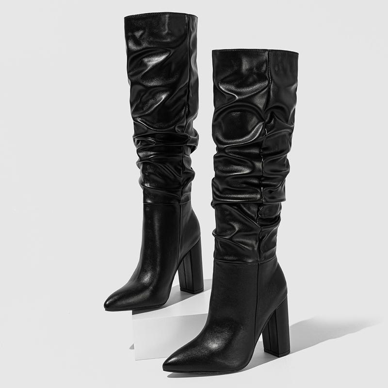 Spring Fashion Pleated Women Boots Chunky High Heels Ladies Boots Sexy Knee High Slip On Pointed Toe Botas Shoes