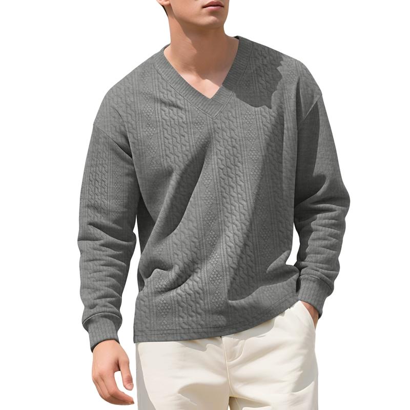 Men Vertical Cable Jacquard Textured V Neck Sweatshirt Ribbed Cuffs Long Sleeve Loose Fit Solid Color Spring Fall Daily Smart Casual Pullover Top