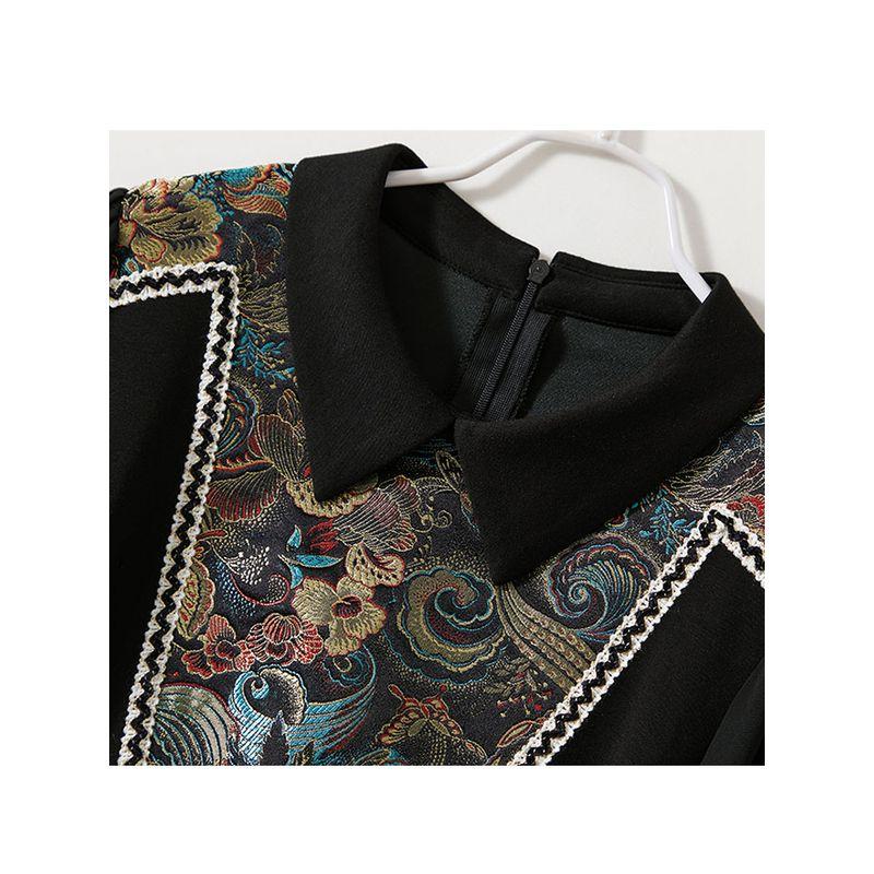 Classic Art Shirts Sleeve Skirt! Dry Commuting Women Small Lapel Satin Print Color Matching Cotton Dress