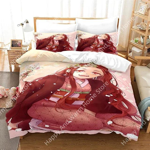 Anime Demon Slayer Beding Set Nezuko Kamado Soft Duvet Cover Warm Comforter Bed Linen Single Twin Ful Quen Sized Dimensions 3d Girl Young Boys Gift