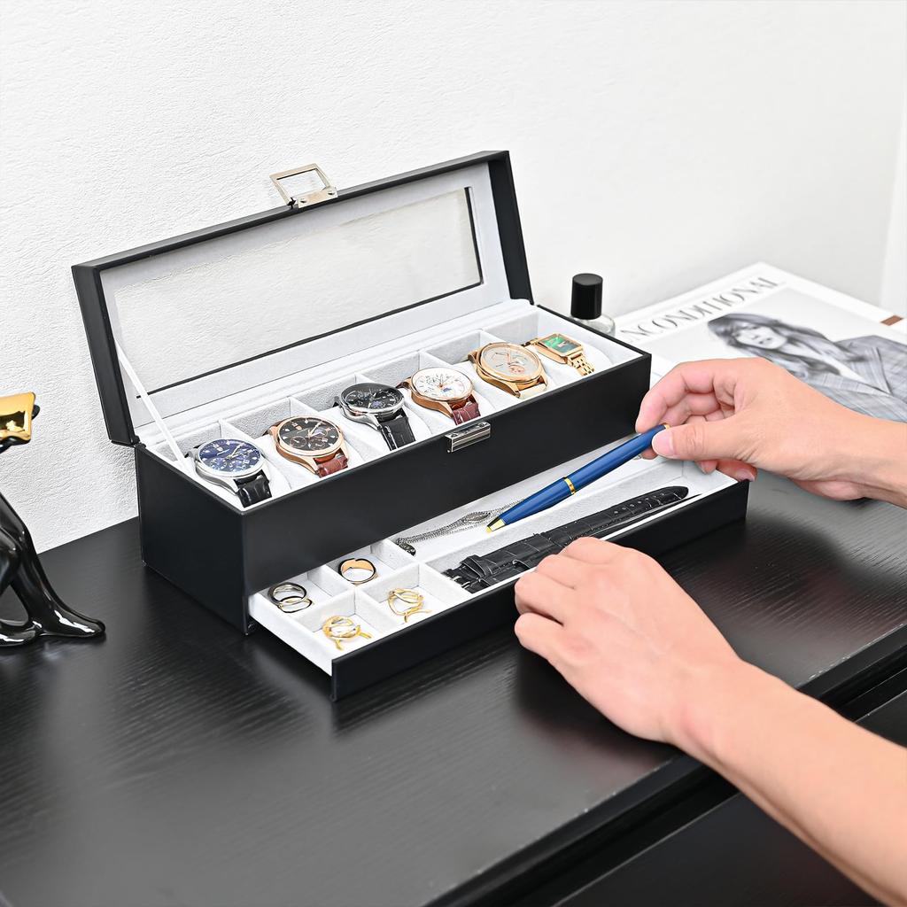 ProCase Boîte de Rangement pour Montres à 6 Emplacements avec Boîte de Montre avec Verre 2 Couches Support Organisateur de Rangement pour Bijoux Boîte pour Homme, Tiroir, Couvercle pour Homme,