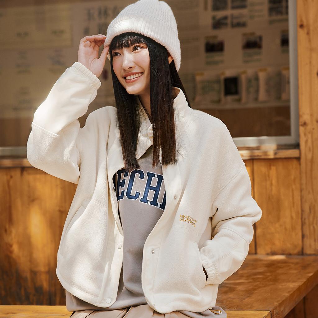 Skechers American Retro Fashion Comfortable Versatile Stand Collar Solid Color Small Logo Long Sleeve Jacket Women Jackets White L424W038-00NA