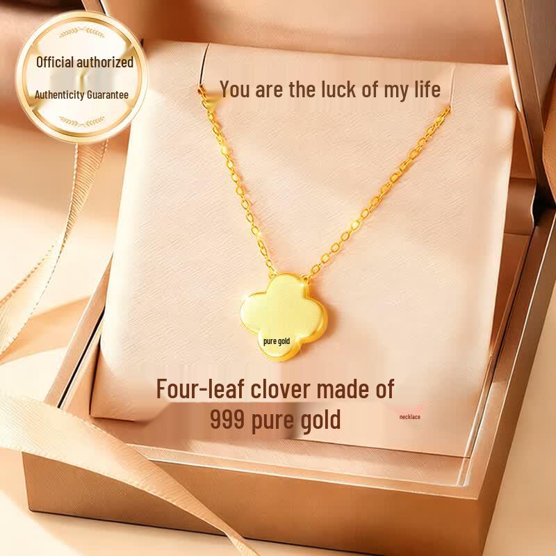 999 Pure Gold Four-Leaf Clover Necklace for Women Luxury Agate Style
