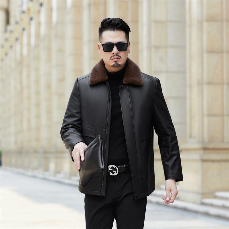 Autumn and winter new men's genuine leather jacket with fur integrated removable liner, velvet and thickened fur collar daddy outfit