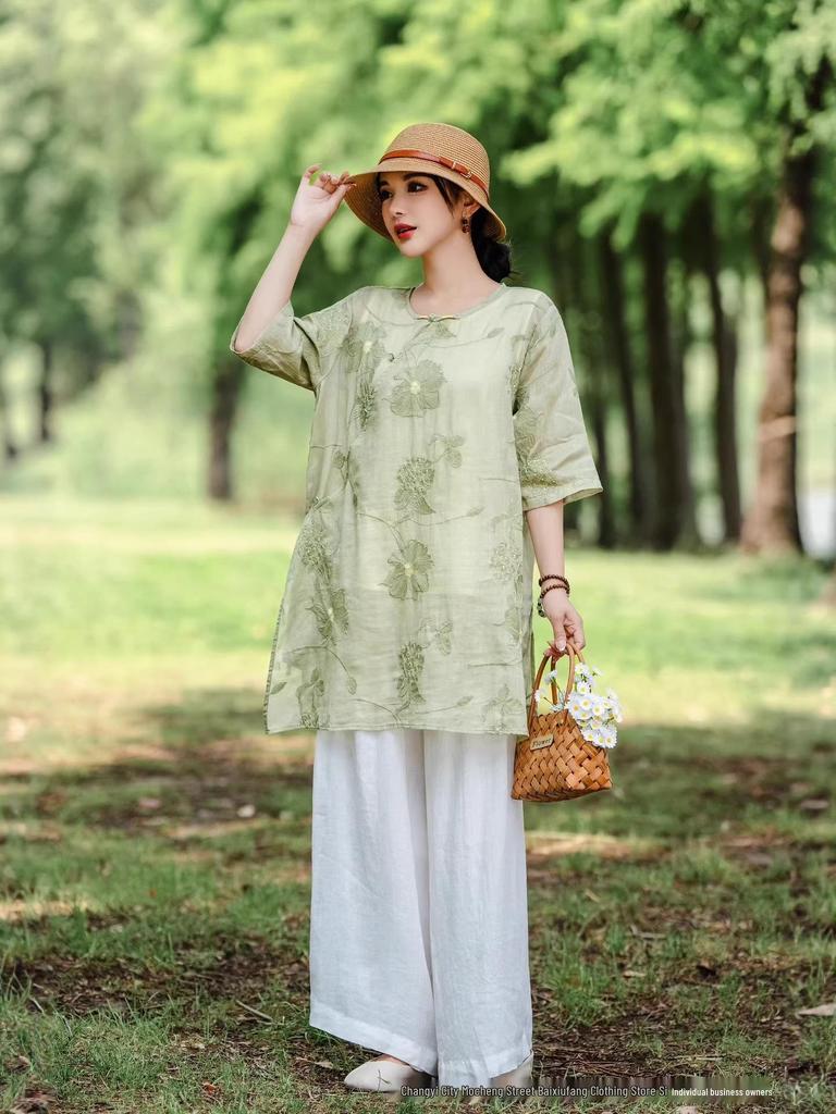 2026 Spring/Summer Women's Elegant Chinese-Style Embroidered Asymmetrical Ramie Shirt with Tie-Up and Round Neck.