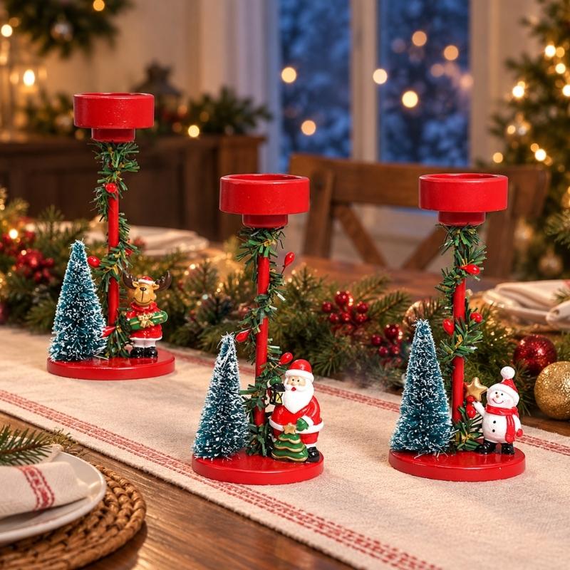Decorative Christmas Candle Holders Set of 3 with Santa and Holiday Character Figures for Entryways, Coffee Tables and Dining Table Displays