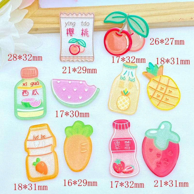 10Pcs New Cute Acrylic Fruit Beverage Series Flat Back Cabochon Scrapbooking Hair Bow Center Embellishments DIY Accessories