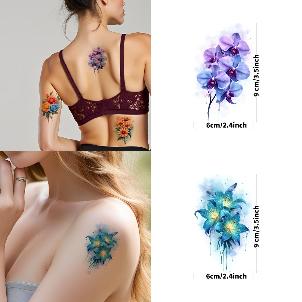 9pcs Temporary Tattoo Watercolor Floral Arrangements Blue Flowers Roses For Shoulders Chest Ladies