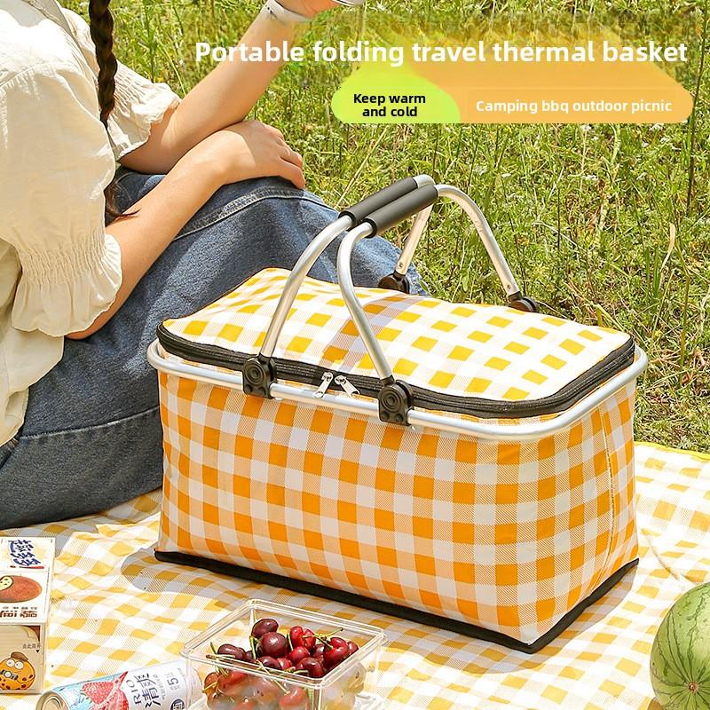 Foldable picnic basket, large-capacity outdoor camping insulated bag, handheld aluminum foil reinforced fabric car picnic bag