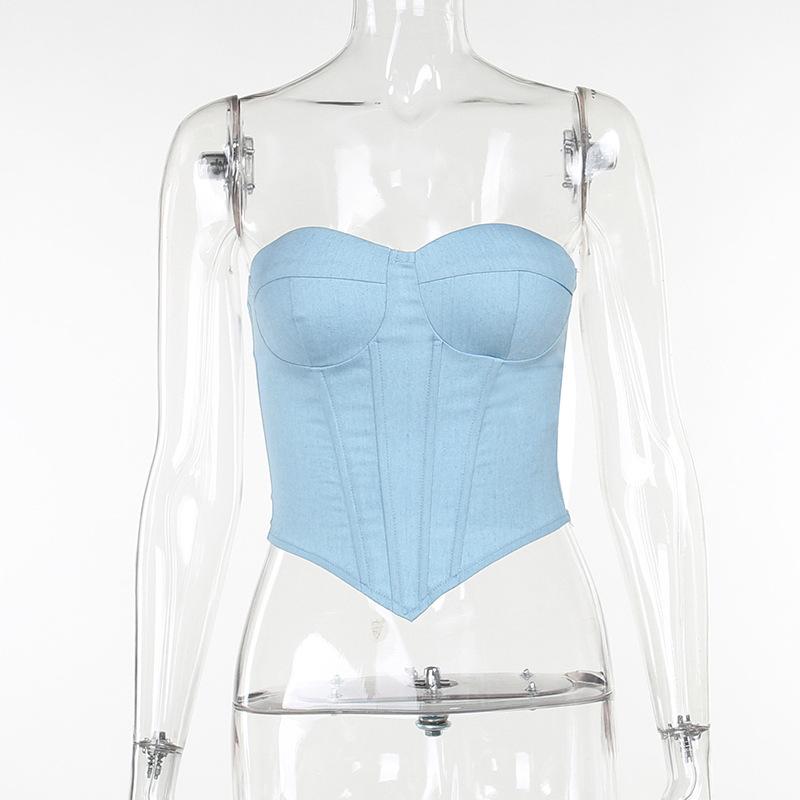 Women's Fashion Bust Cups Faux Denim Tube Top Spice Girl Girdle Waist Show Bust Top