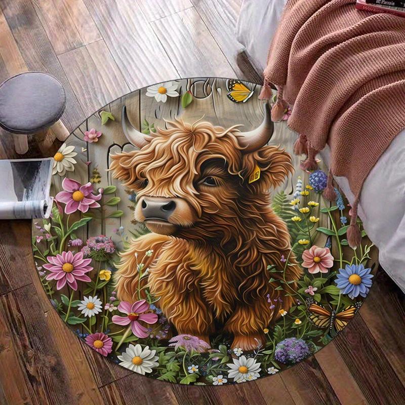 Highland Cow Floral Garden Round Crystal Velvet Rug Country Farm Animal Decorative Floor Mat for LivingHome DecorationNature Art