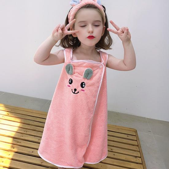 Kids Bath Skirt Rabbit Ear Absorbent Bath Towel Coral Velvet Dress Style Bath Wrap with Shoulder Straps for Beach Swimming Pool