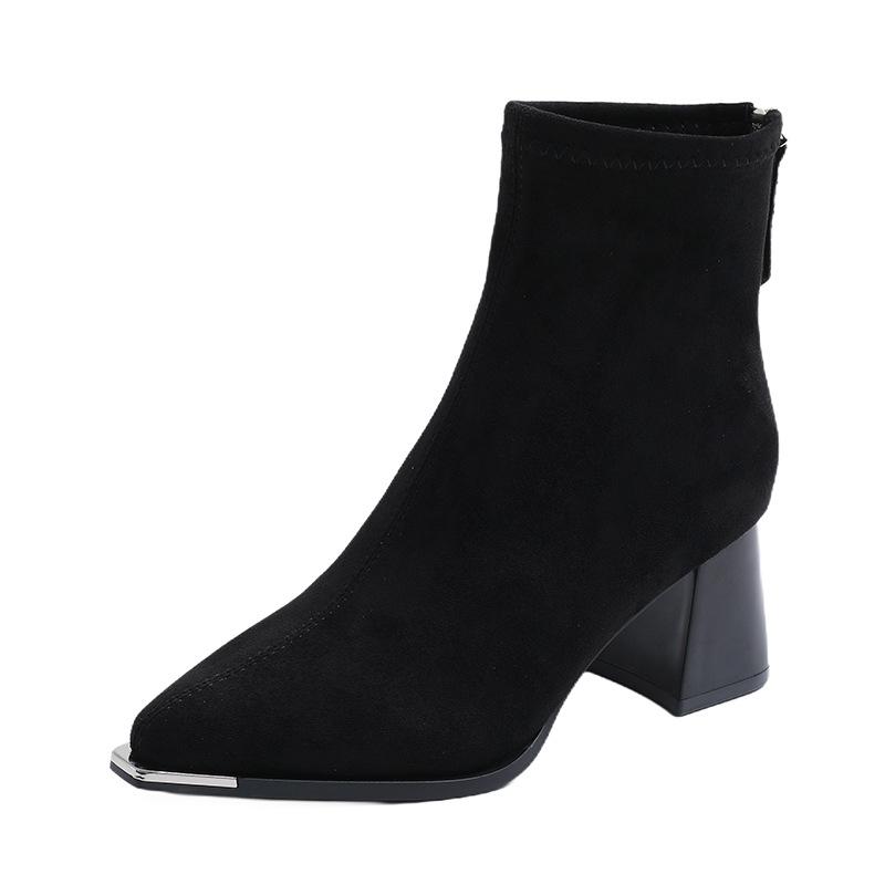 French Retro Thick Heel Suede Pointed Short Boots Women's Boots Autumn and Winter Versatile Khaki Side Zipper Elastic Thin Boots