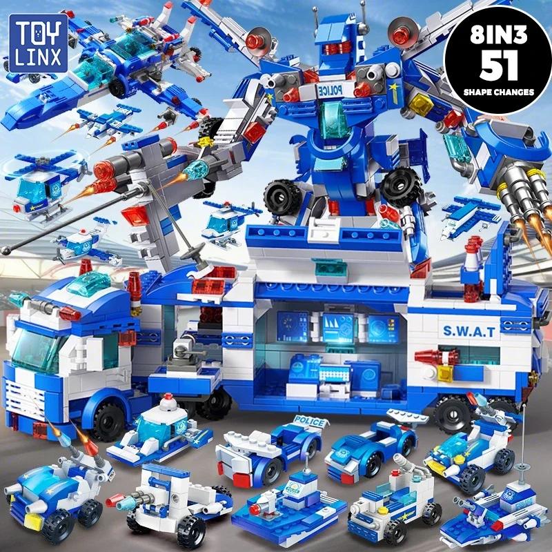 TOYLINX 679PCS Police Building Blocks 8-in-3 Transformable Toy 51 Shape Changes Robot Vehicle Aircraft Kids Construction Bricks