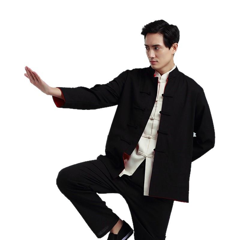Men's Ethnic Style Tang Suit Jacket: Reversible Cotton-Linen Long Sleeve Hanfu for Spring/Autumn