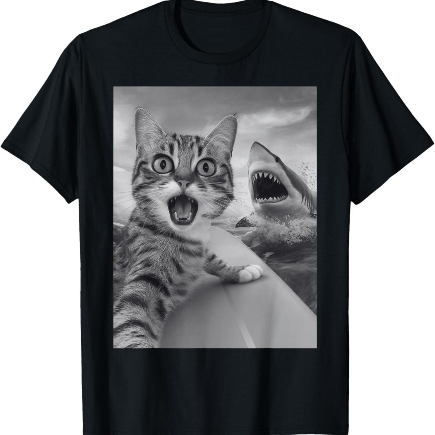 Funny Cat Selfie with Shark T-Shirt S чёрный