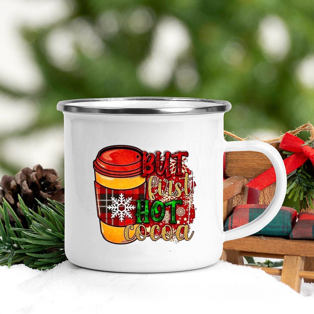 Santa Deer Truck Print Creative Enamel Cups Christmas Party Drink Juice Hot Cococ Cup Mugs Handle Mug Gifts for Family Friends
