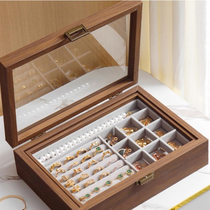 Walnut Wood Jewelry Organizer Box Moisture Proof Jewellery Holder Accessory Storage Container with Multiple Compartments