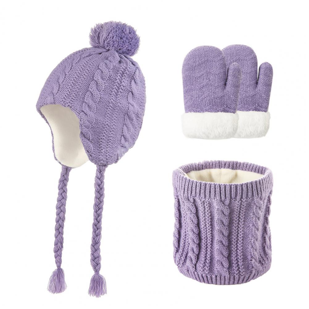 

3 шт./комплект детский шапка шарф перчатки комплект утолщенный плюшевый мяч декор скрученная текстура вязаный удерживающий тепло ветрозащитный теплый для девочек бо светло-фиолетовый
