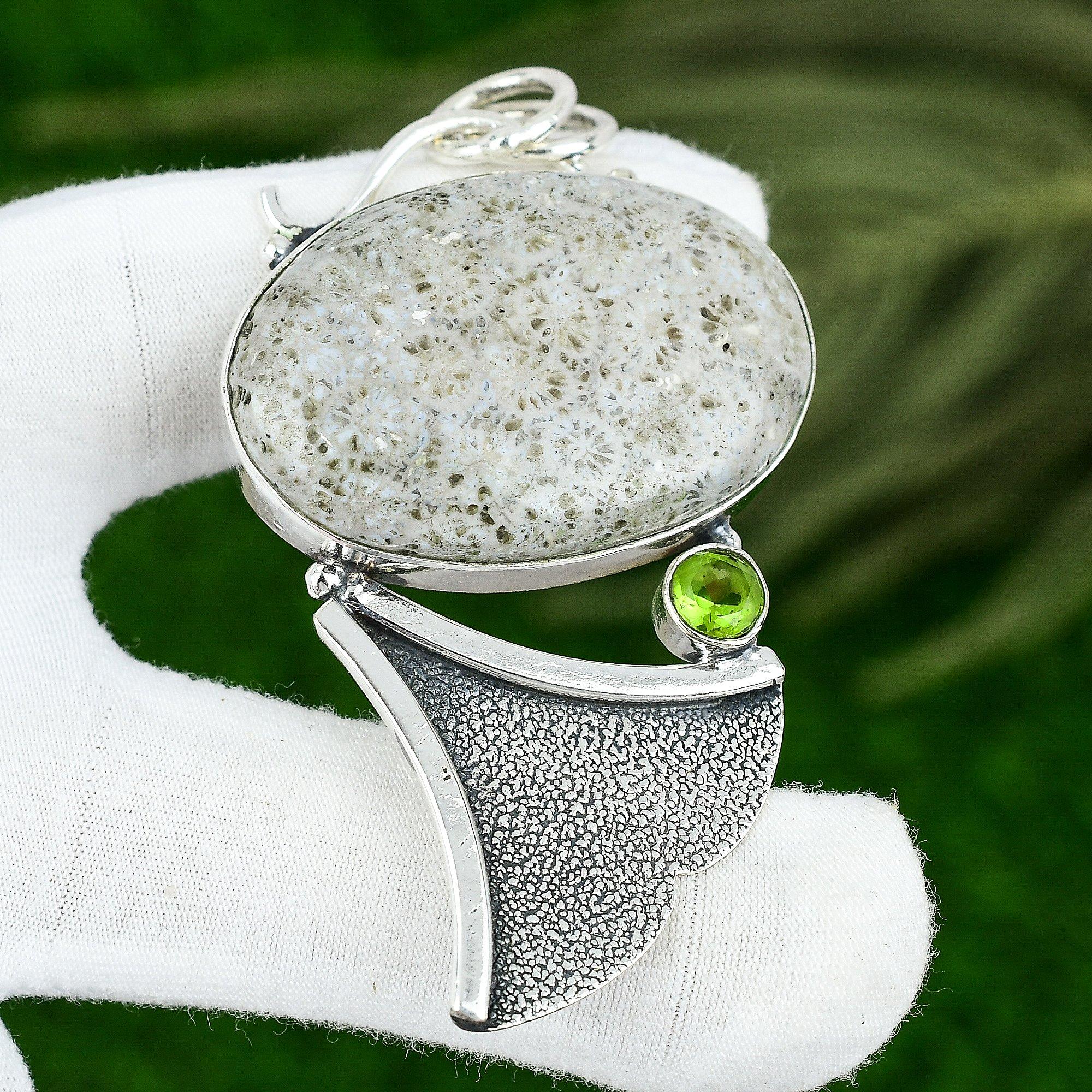 

Sterling Silver Fossil Coral Stone Peridot Sister Bezel Artisan Pendant Jewelry