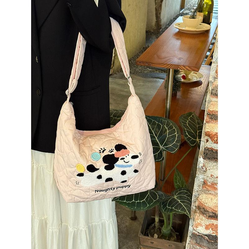 Japanese Cute Puppy Embroidered Cotton Bag 2025 Autumn and Winter New Large-capacity Commuter Tote Bag Niche Messenger Bag