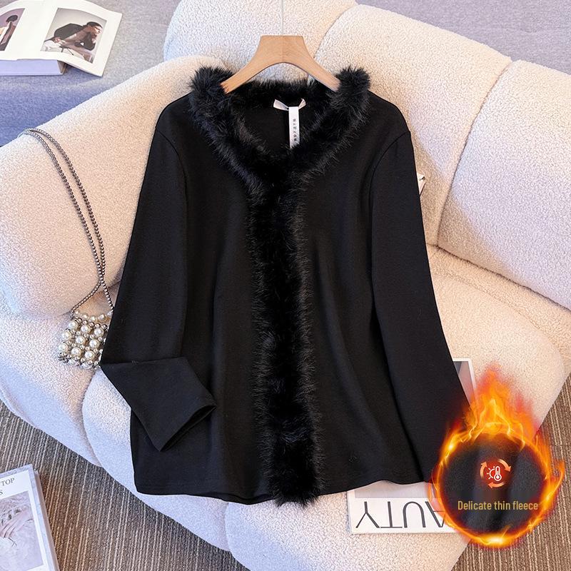 Женский французский топ больших размеров с V-образным вырезом и пэчворком - Осень/Зима 3XL (160-180 jin)