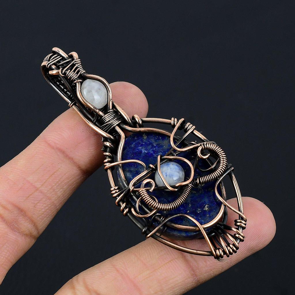 Lapis Lazuli & Moonstone Pendant Handmade Gemstone Jewelry, 999 Copper Wire Wrapped Pendant ,Unique Design Jewelry Pendant