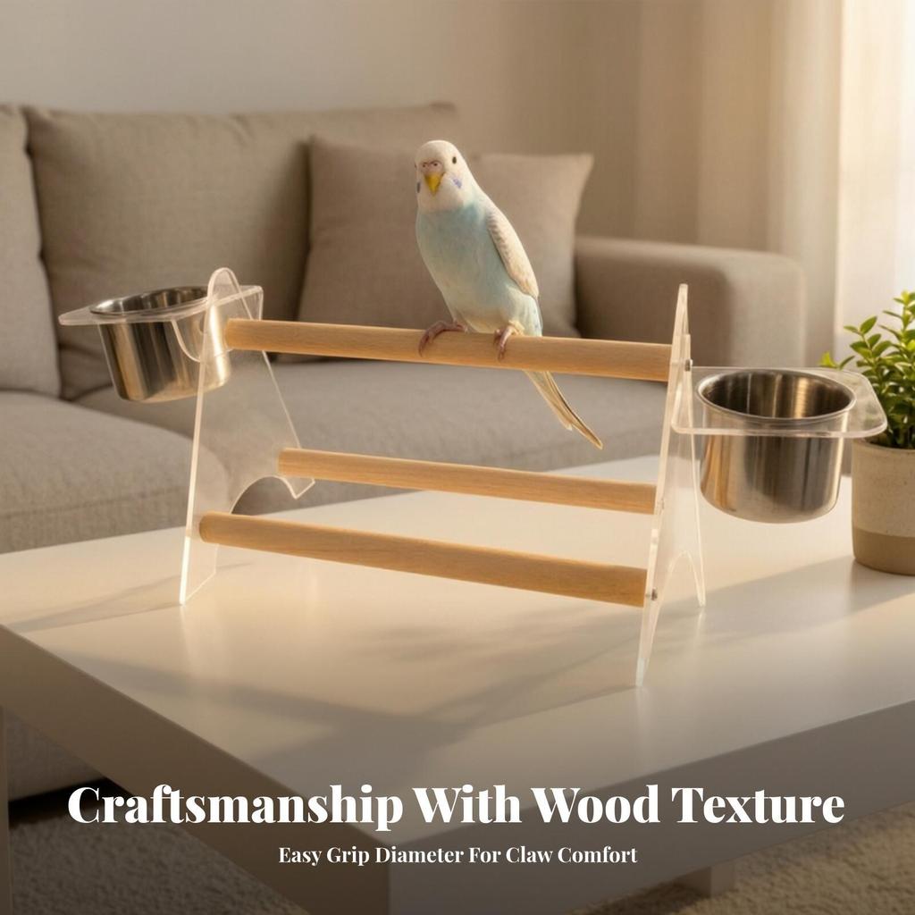 Parrot Play Stand with Cups Wooden Tabletop Bird Perch Compact for Counter