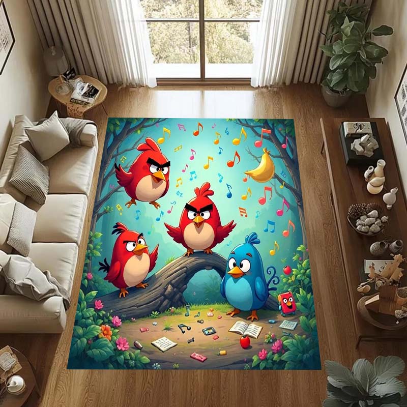 Various Styles of Angry Birds 2 Themed Printed Rugs for Soft Bedroom Floors, and Non-slip Welcome Mats for Home Laundry Rooms.