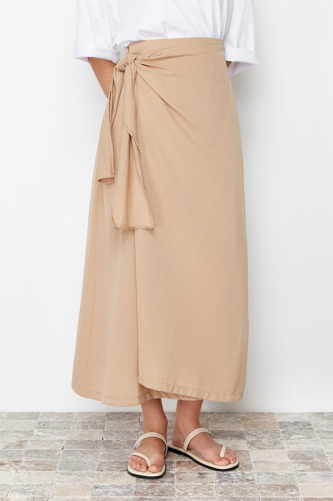 Women's Fashion Cinnamon Double Breasted Tie Detailed Woven Linen Look Skirt