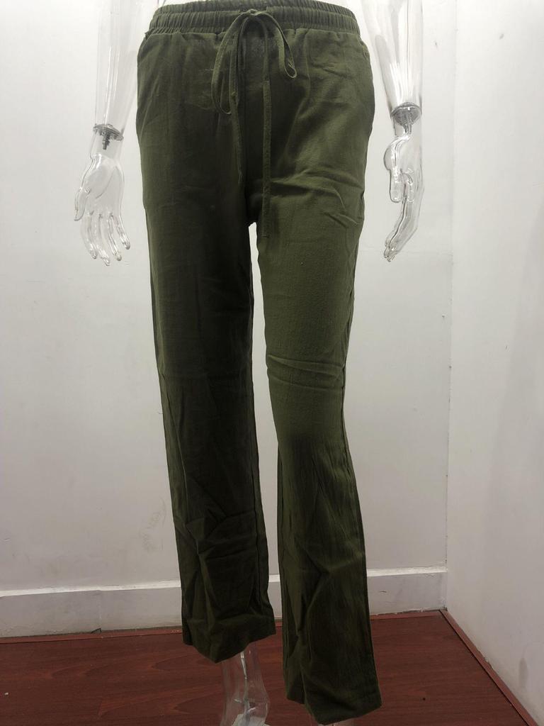 2026 Spring/Summer Women's Solid Color Cotton Linen Drawstring Wide-Leg Casual Pants