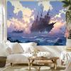 Nautical Sailing Ship Tapestry  No Drill Hanging Ocean Waves Wall Art in Blue  Purple Easy Clean Peachskin Fabric Backdrop fo