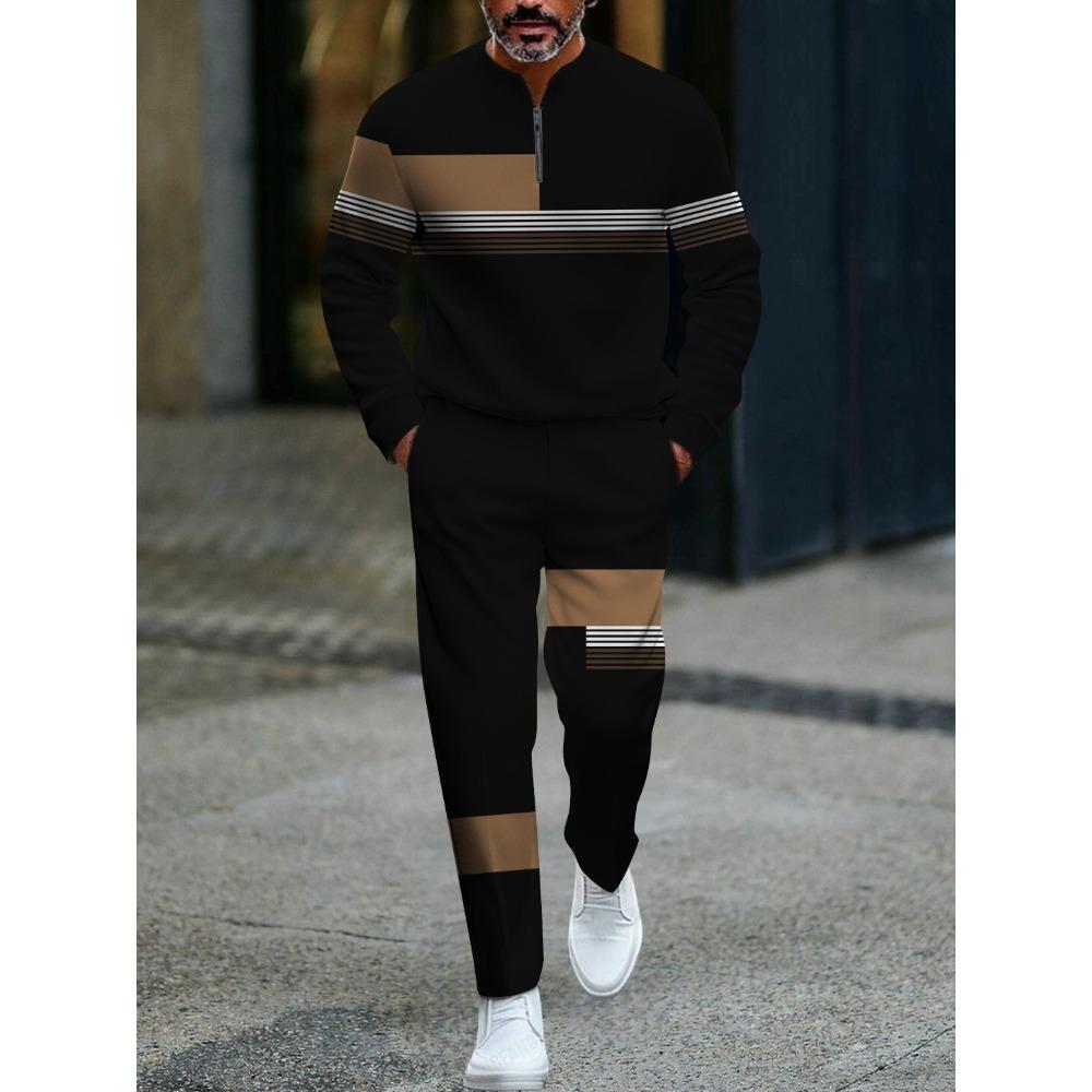 Spring Autumn 3D Printed Fashion Streetwear Men's Long-Sleeved Sets Half-Zipper Stand-Up Collar Men's Casual Sportswear Two-Piece set