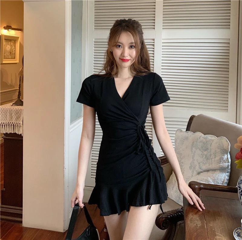 2022 Summer V-Neck Short Sleeve Drawstring Pleated A-Line Fishtail Dress for Women