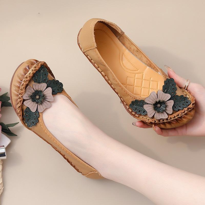 Summer New Leather Flower Single Shoes Beef Tendon Sole Casual Flat Women's Shoes