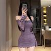 Temperament celebrity royal sister summer off-shoulder lace slim-fitting hip skirt one-word shoulder purple loungewear women 9583