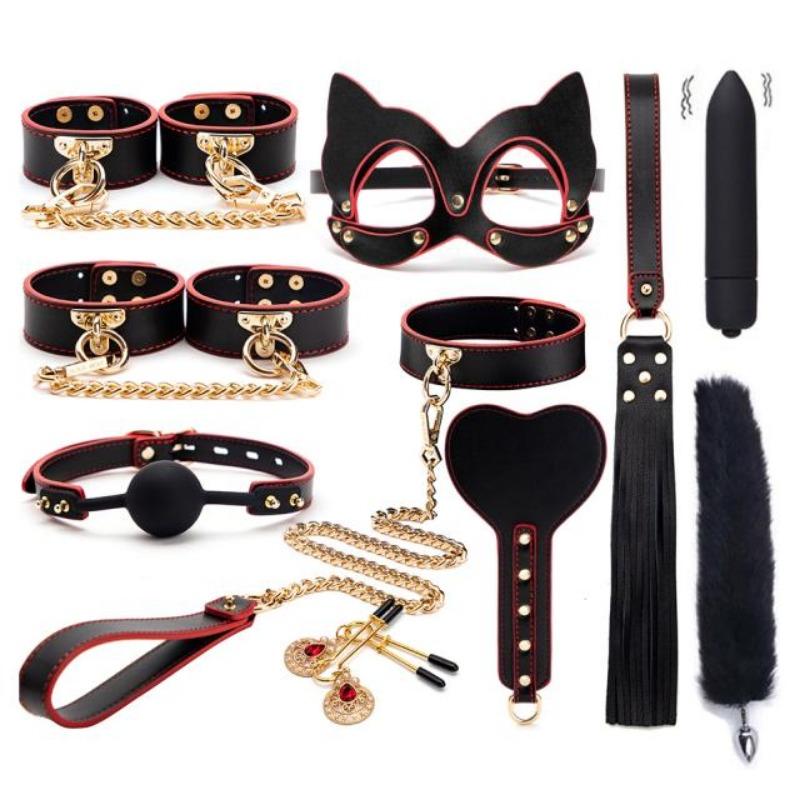 SlaveBondage Kits Echtes Leder Fesselset Handschellen Kragenknebel Analvibratoren Sexspielzeug für Frauen Paare Spiele für Erwachsene