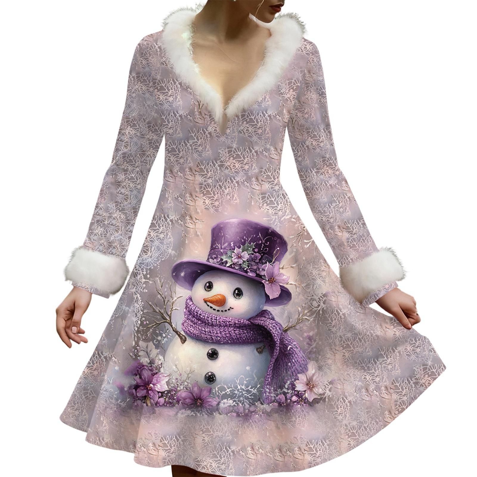 

Women s Casual V-neck Christmas Print Plush Long-Sleeve Casual Dress S фіолетовий